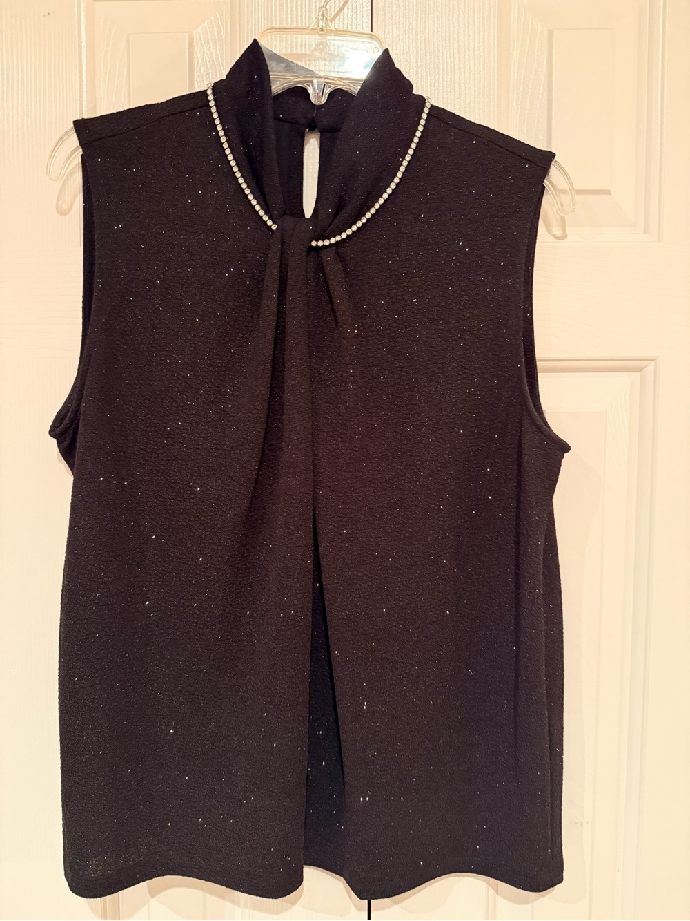 Karl Lagerfeld Black Sparkles Sleeveless Tie-Neck Blouse Top w Rhinestone Trim